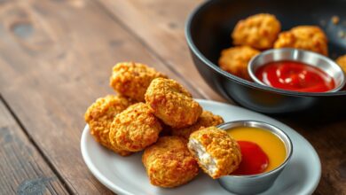 Nuggets dourados e crocantes recém-saídos da frigideira, com casca uniforme e textura perfeita, prontos para servir.
