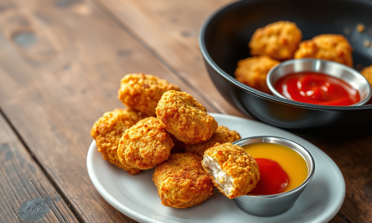 Nuggets Na Frigideira: Crocantes Em 10 Min Com 2 Ingredientes 3 Nuggets dourados e crocantes recém-saídos da frigideira, com casca uniforme e textura perfeita, prontos para servir.