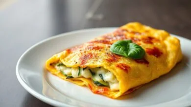 Uma omelete dourada, cortada ao meio, revelando o recheio de queijo muçarela derretido e pedaços de abobrinha, servida em um prato branco.