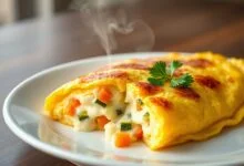 Uma omelete dourada e fofa, cortada ao meio para revelar o interior cremoso, com queijo muçarela derretido escapando e pequenos cubinhos de cenoura e abobrinha visíveis.