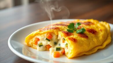 Uma omelete dourada e fofa, cortada ao meio para revelar o interior cremoso, com queijo muçarela derretido escapando e pequenos cubinhos de cenoura e abobrinha visíveis.