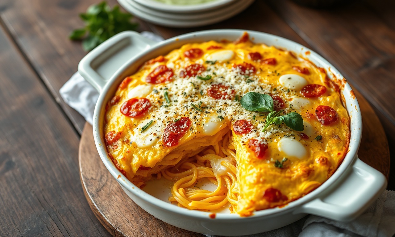 Omelete De Espaguete Fácil E Cremosa: Pronta Em 25 Minutos 3 Torta dourada de espaguete e ovos com queijo gratinado, fatiada e servida em forma redonda.