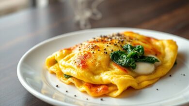Omelete fofinha e dourada recheada com espinafre e queijo derretido