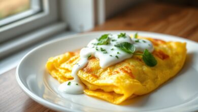 Uma omelete dourada e macia, dobrada ao meio, coroada por um molho cremoso de iogurte e hortelã fresca picada, servida em um prato branco limpo.