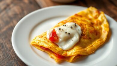 Omelete dourada e recheada, com muçarela derretida escapando pelo meio e fatias de tomate douradas, servida em prato branco sobre mesa de madeira.