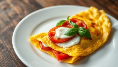 Omelete dourada e recheada, aberta para revelar o queijo derretido e o tomate macio no centro, pronta para servir.