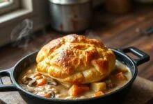 Torta cremosa de legumes com cobertura folhada dourada e crocante, servida direto da panela de ferro fundido.