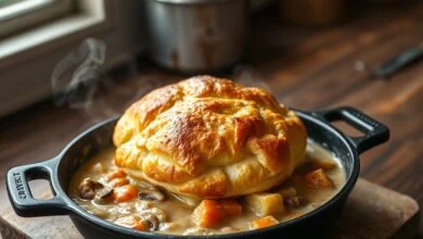 Torta cremosa de legumes com cobertura folhada dourada e crocante, servida direto da panela de ferro fundido.