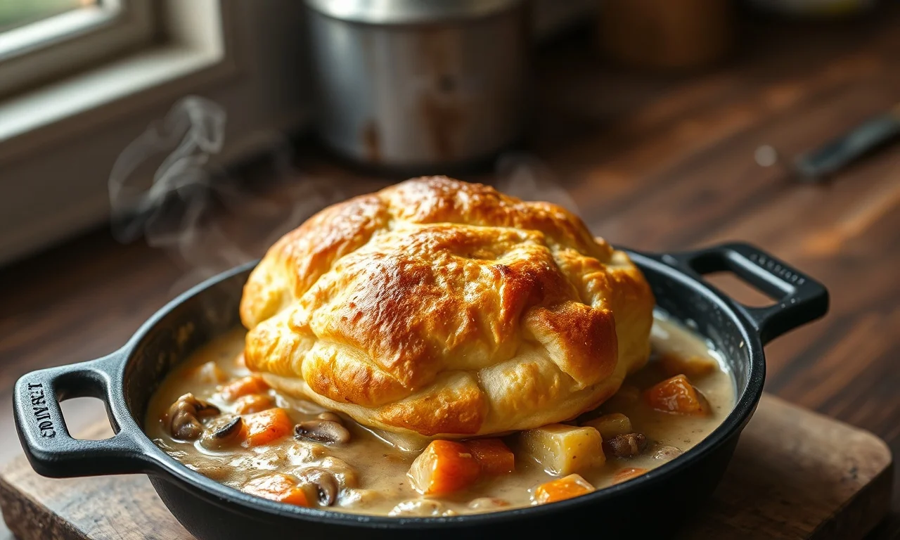One Pot Pie De Legumes: Receita Fácil E Saudável 3 Torta cremosa de legumes com cobertura folhada dourada e crocante, servida direto da panela de ferro fundido.