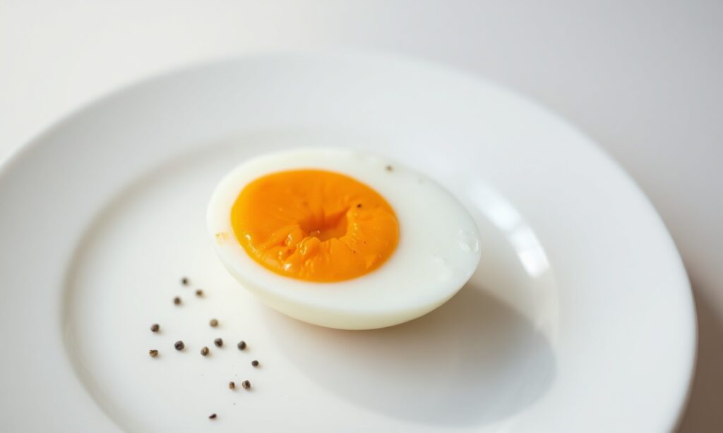 Como Fazer Ovo Cozido no Micro-ondas em 1 Minuto (Sem Explodir!) 3 Um ovo perfeitamente cozido, cortado ao meio, revelando uma gema vibrante e cremosa, servido em um prato branco simples.