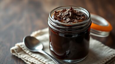 Pote de vidro transparente recheado com ganache de chocolate meio amargo brilhante e aveludado, finalizado com raspas de chocolate e uma colher de sobremesa ao lado.