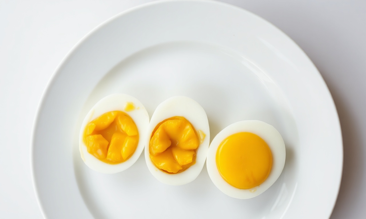 Três ovos cozidos cortados ao meio, revelando gemas com texturas diferentes — líquida, cremosa e firme — dispostos sobre um prato branco minimalista.
