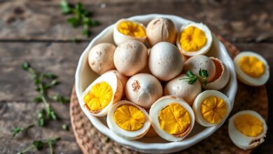 Ovos de codorna cozidos e descascados, com a gema dura e amarela vibrante, prontos para servir como petisco ou para decorar saladas.