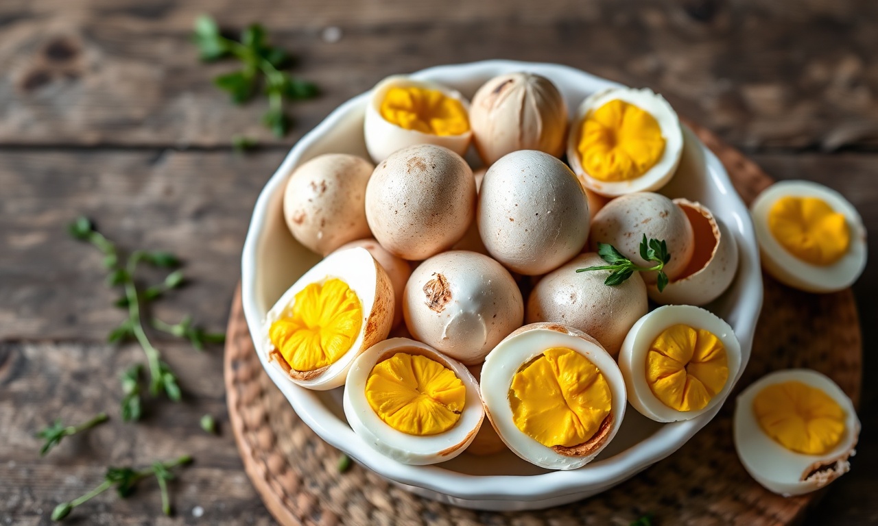 Ovos de codorna cozidos e descascados, com a gema dura e amarela vibrante, prontos para servir como petisco ou para decorar saladas.