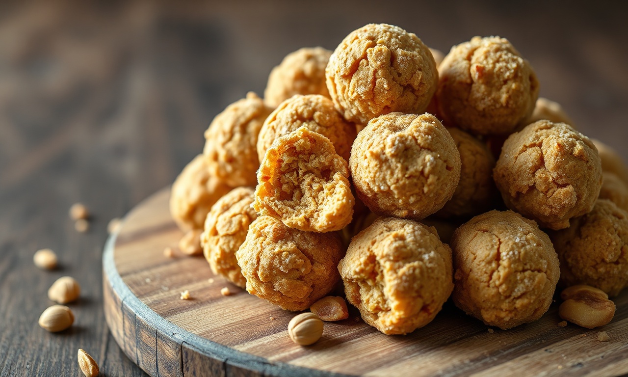 Bolinhas de paçoca com textura arenosa e cor dourada, prontas para servir.