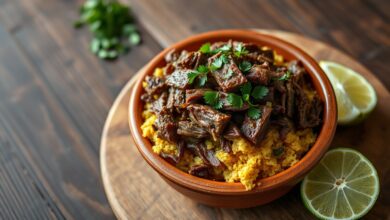 Um prato de barro rústico com paçoca de carne seca nordestina, a carne desfiada dourada misturada com farinha de mandioca, decorada com salsinha fresca.