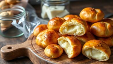 Pães de queijo dourados e crocantes, com interior macio, prontos para serem embalados e congelados.