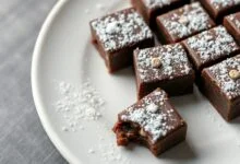 Quadradinhos de palha italiana de chocolate com cor escura e brilhante, polvilhados com açúcar de confeiteiro, arrumados em um prato de porcelana branca.