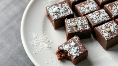Quadradinhos de palha italiana de chocolate com cor escura e brilhante, polvilhados com açúcar de confeiteiro, arrumados em um prato de porcelana branca.