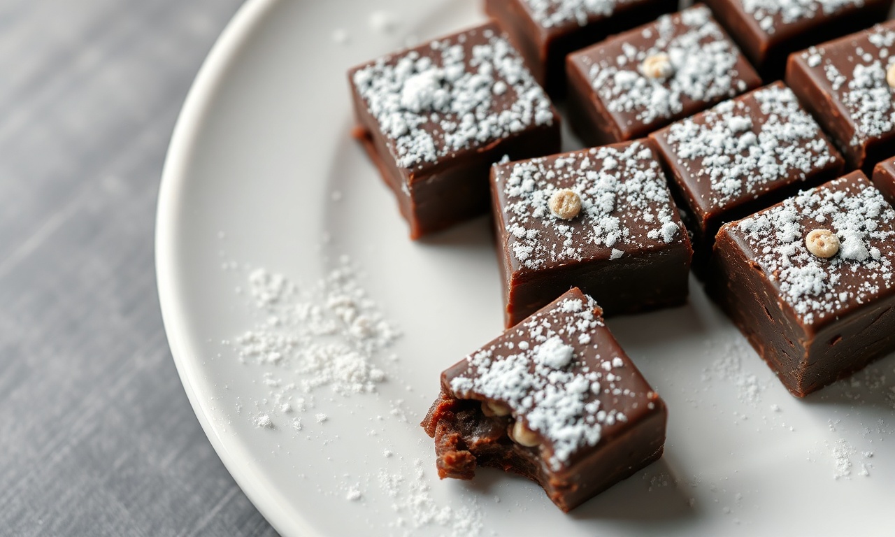 Quadradinhos de palha italiana de chocolate com cor escura e brilhante, polvilhados com açúcar de confeiteiro, arrumados em um prato de porcelana branca.