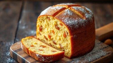 O panetone dourado, alto e perfeitamente assado, com a clássica fenda na parte superior, fatiado para revelar o miolo macio e repleto de frutas.