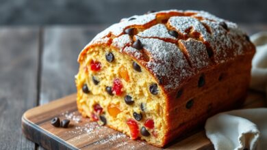 Fatia generosa de panettone macio, dourado, repleto de frutas cristalizadas e gotas de chocolate.