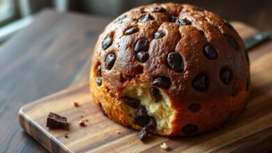 Um panettone de chocolate dourado e alto, fatiado sobre uma tábua de madeira, revelando o miolo macio e repleto de pedaços de chocolate derretido.