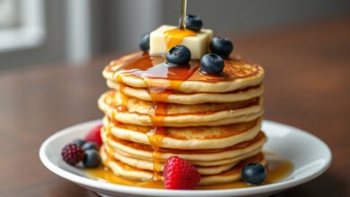 Pilha de panquecas americanas douradas e fofas, empilhadas com frutas vermelhas e maple syrup escorrendo pelas laterais.