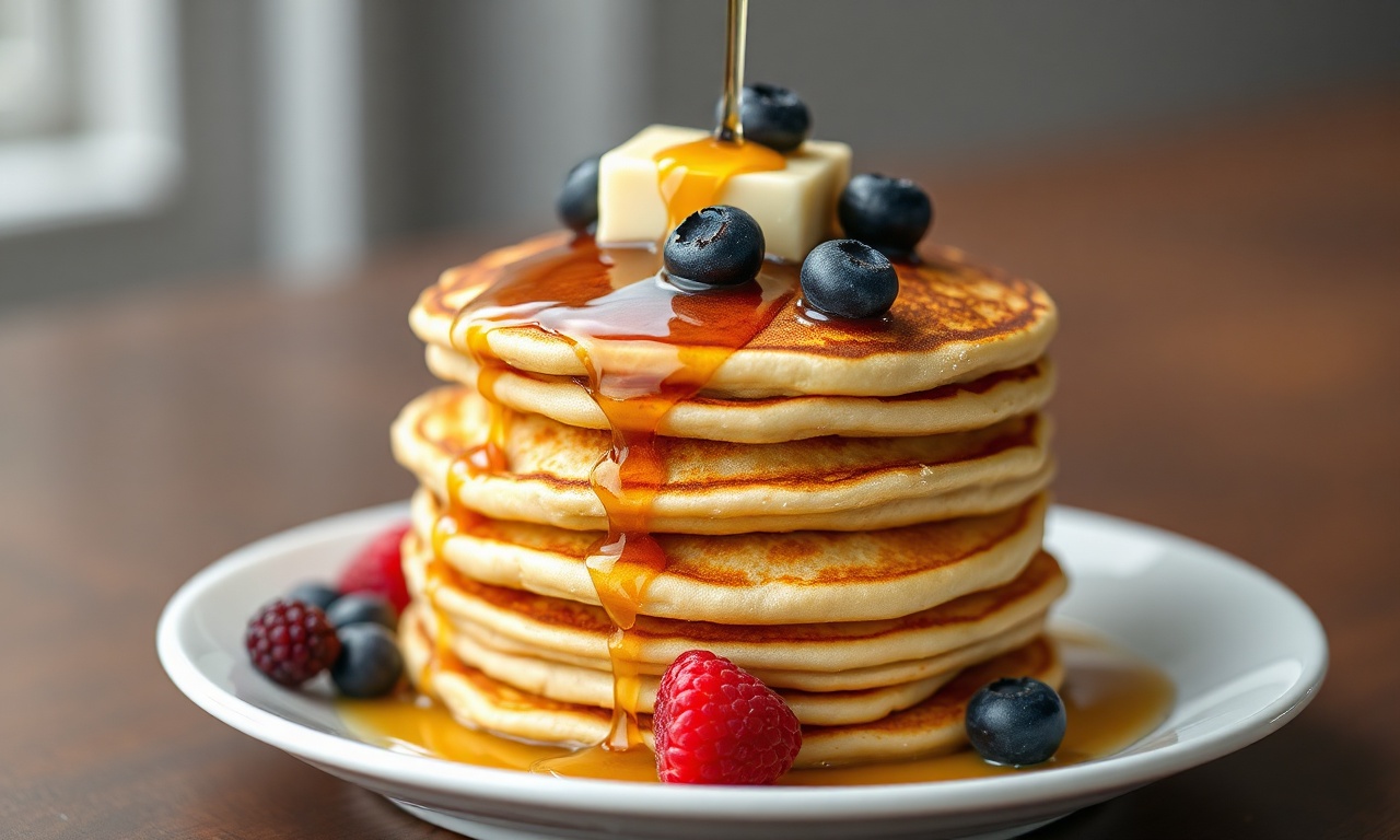 Panqueca Americana Fofinha E Dourada: Receita Fácil De 20 Min 3 Pilha de panquecas americanas douradas e fofas, empilhadas com frutas vermelhas e maple syrup escorrendo pelas laterais.