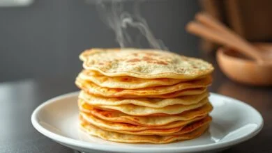 Pilha de panquecas finas, douradas e flexíveis em um prato de cerâmica