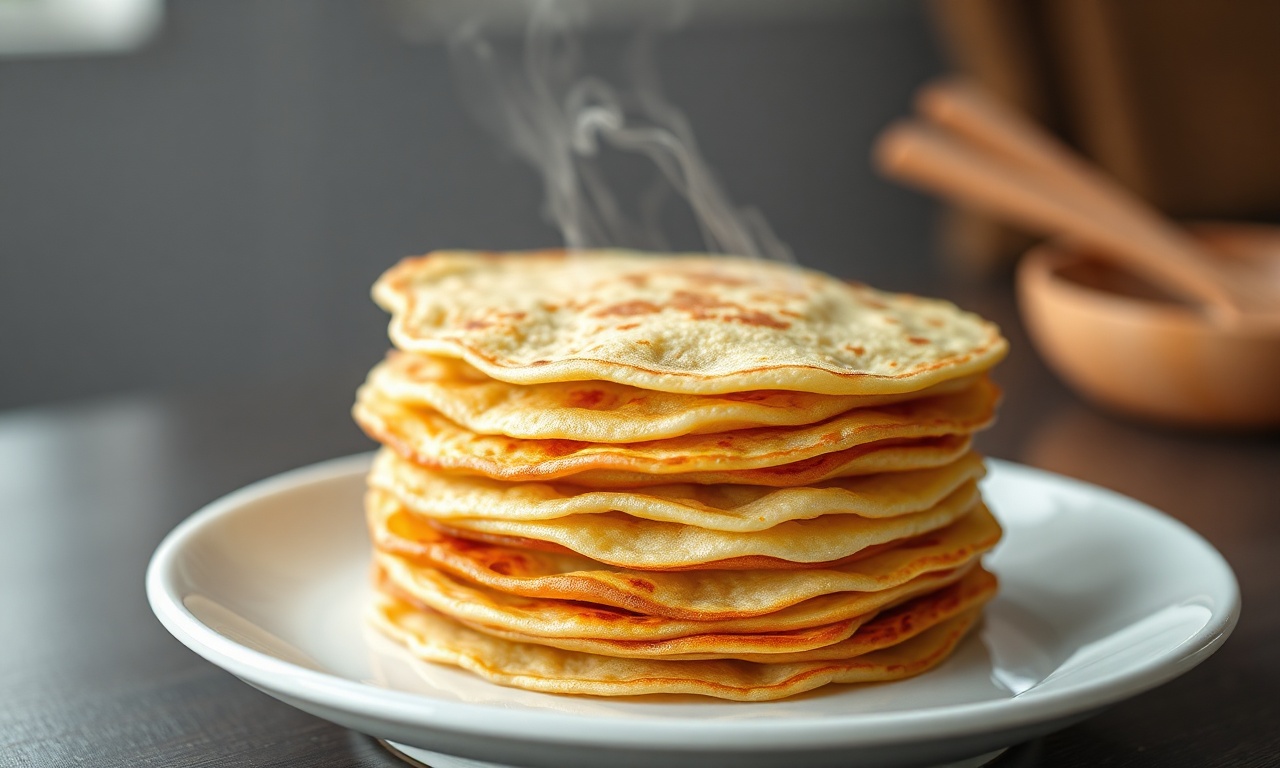 Panqueca Com Maizena: Receita Leve, Fácil E Sem Glúten 3 Pilha de panquecas finas, douradas e flexíveis em um prato de cerâmica
