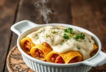 Prato gratinado em refratário de vidro, com panquecas enroladas cobertas por molho branco cremoso e uma camada dourada de queijo muçarela derretido.