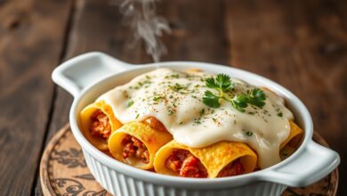 Prato gratinado em refratário de vidro, com panquecas enroladas cobertas por molho branco cremoso e uma camada dourada de queijo muçarela derretido.