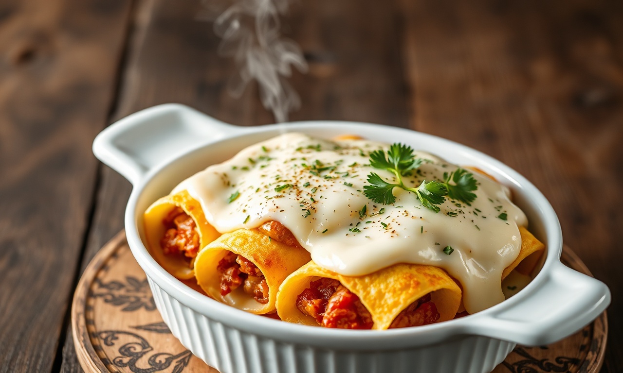 Panqueca De Carne Moída Gratinada: Cremosa E Fácil 3 Prato gratinado em refratário de vidro, com panquecas enroladas cobertas por molho branco cremoso e uma camada dourada de queijo muçarela derretido.