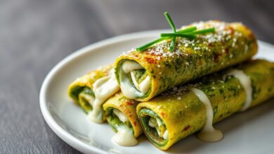 Panquecas verdes vibrantes enroladas como cannelloni, recheadas com ricota cremosa e muçarela derretida, dispostas em prato branco.