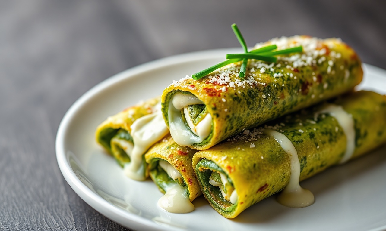 Panqueca De Espinafre Com Ricota Cremosa E Fofa (40 Min) 3 Panquecas verdes vibrantes enroladas como cannelloni, recheadas com ricota cremosa e muçarela derretida, dispostas em prato branco.