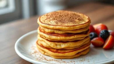 Panquecas douradas e empilhadas, com textura macia e interior úmido, prontas para o café da manhã.