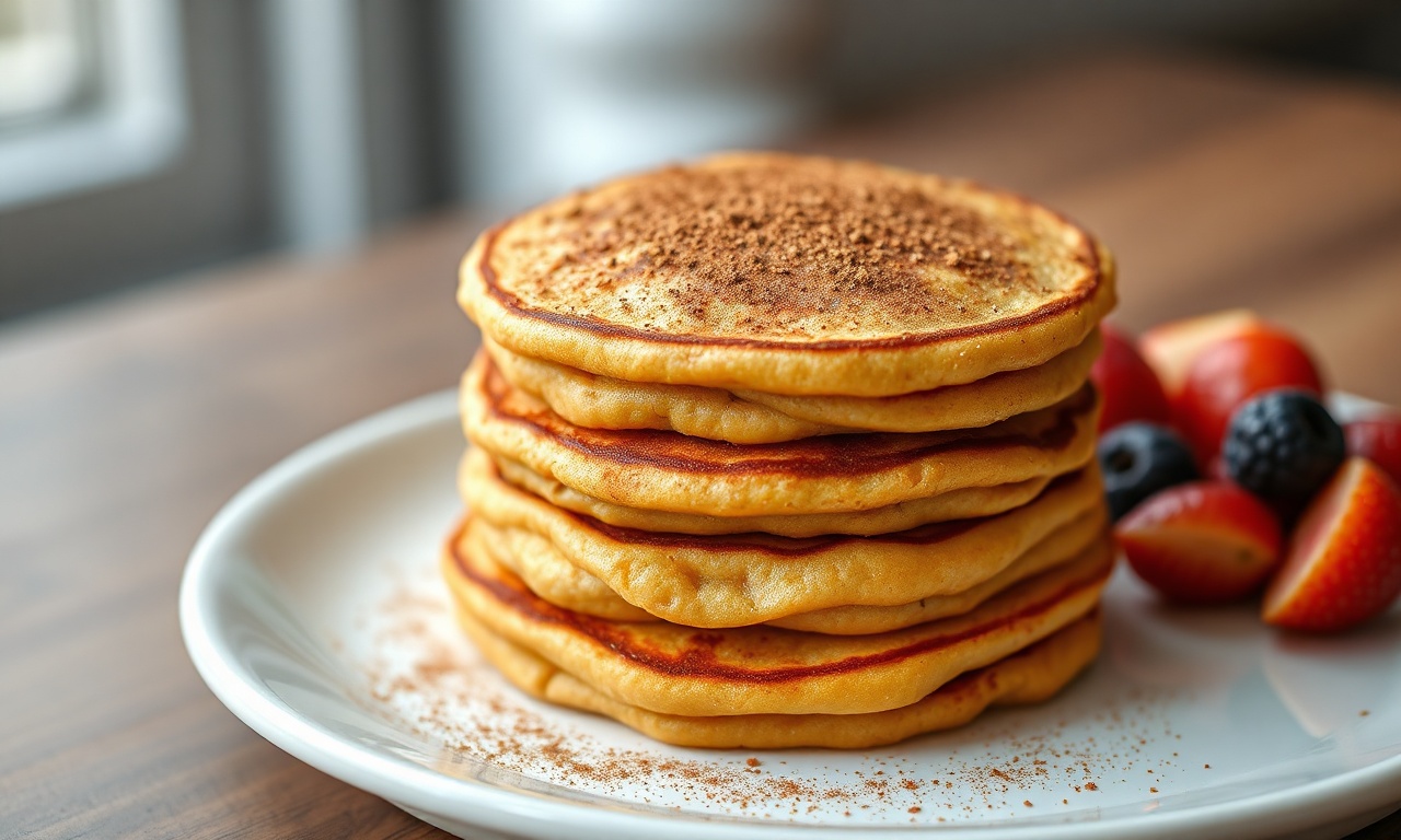 Panquecas douradas e empilhadas, com textura macia e interior úmido, prontas para o café da manhã.