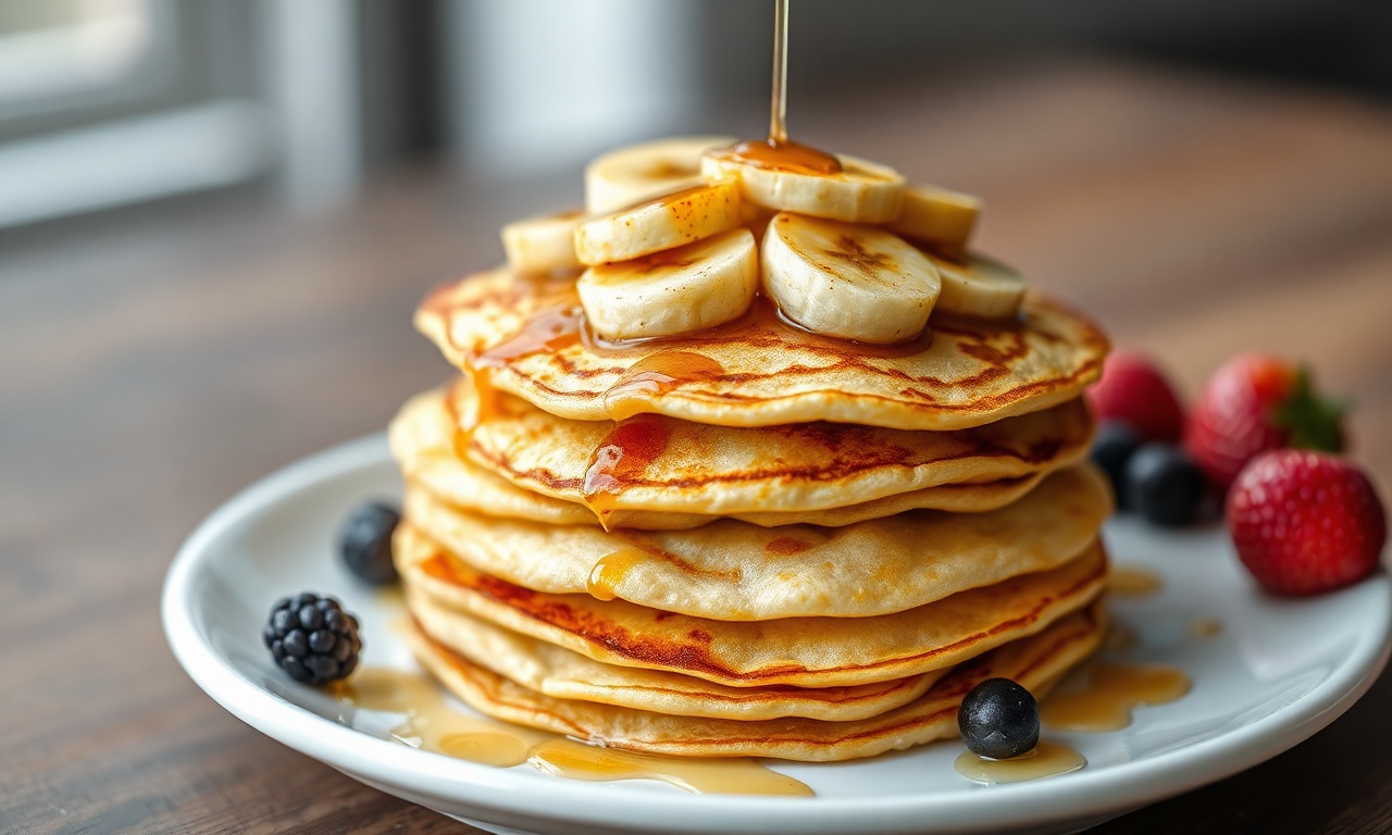 Pilha de panquecas douradas e finas, com textura de crepe, decoradas com fatias de banana caramelizada e um fio de mel.
