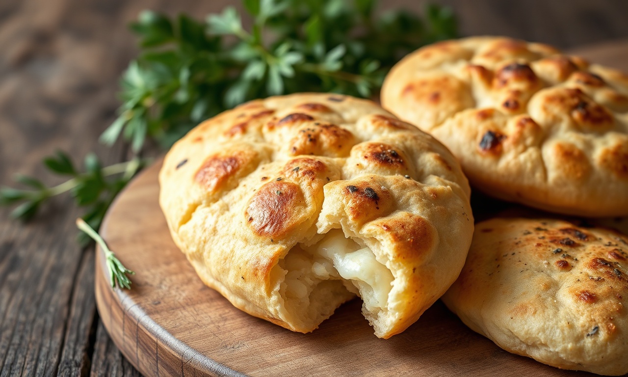 Pão Árabe Sem Glúten Fofinho Com Bolsa Perfeita 3 Três pães árabes sem glúten dourados e fofinhos, um aberto no meio revelando a bolsa perfeita para rechear, sobre uma tábua de madeira rústica.