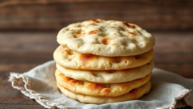 Pães árabes sem glúten dourados, fofinhos e inflados empilhados sobre toalha de linho, com um cortado ao meio revelando a bolsa de ar perfeita