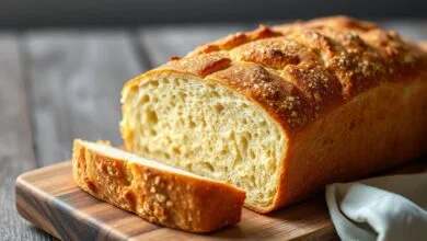 Um pão caseiro sem glúten dourado, fatiado, com miolo fofo e uniforme, sobre uma tábua rústica.