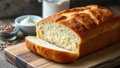 Pão caseiro macio, dourado e fatiado, feito com alternativas ao ovo, mostrando a textura fofa do miolo.