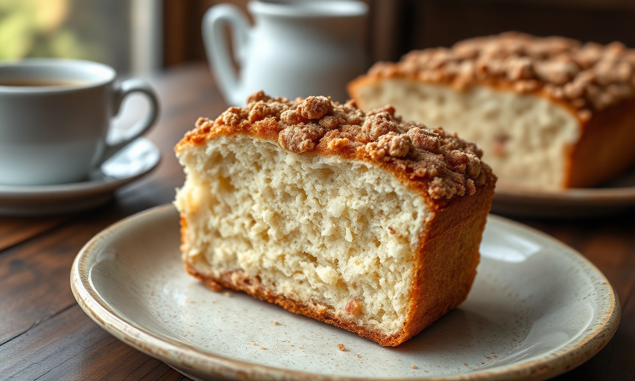 Pão Cuca De Padaria: Fofinho Com Farofa Crocante 3 Fatia generosa de pão cuca com miolo fofinho e farofa dourada e crocante por cima, servida em um prato rústico.