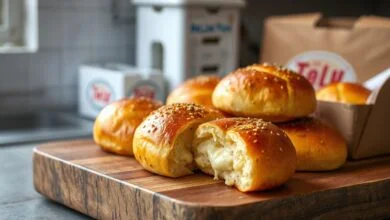 Pães de alho dourados e fofos, com recheio cremoso de queijo derretido escapando, prontos para venda e delivery.