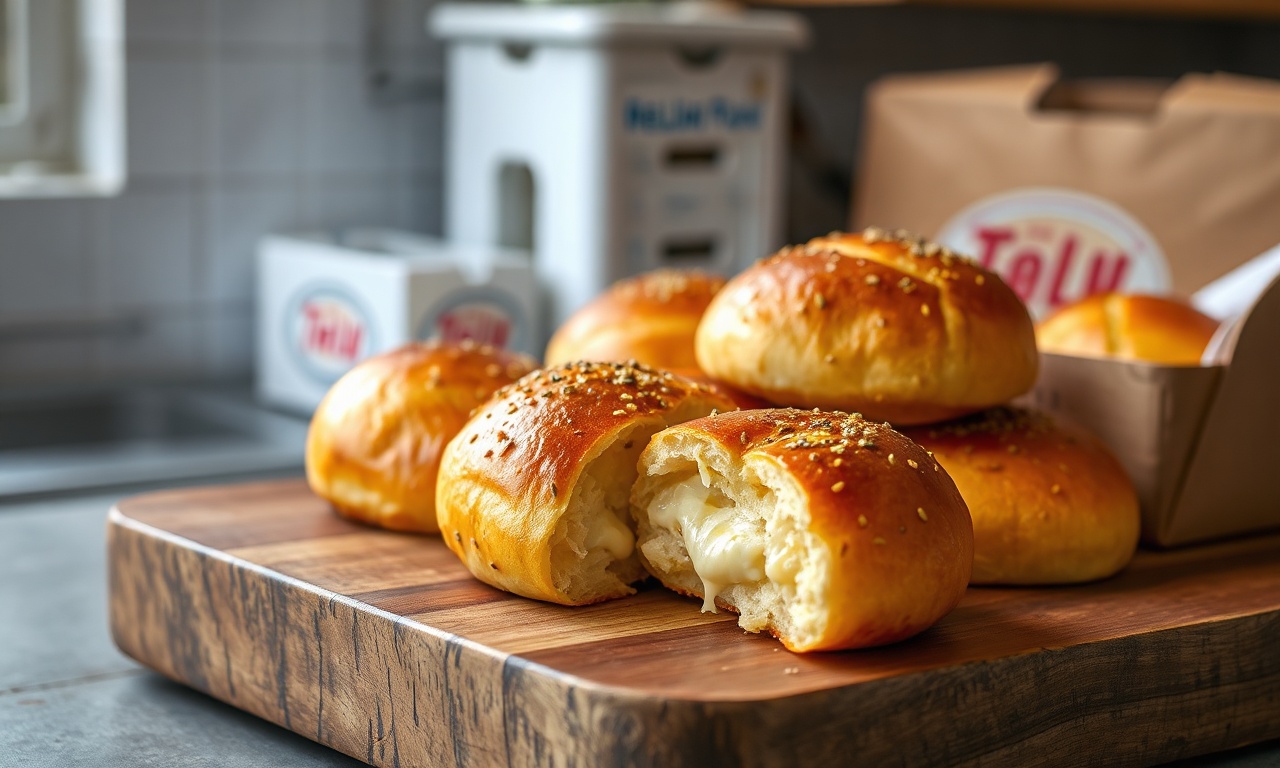 Pão De Alho Para Vender: Receita Lucrativa E Fácil 3 Pães de alho dourados e fofos, com recheio cremoso de queijo derretido escapando, prontos para venda e delivery.