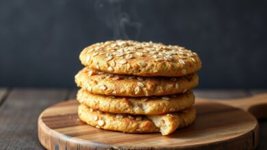 Quatro discos dourados de pão de aveia, macios por dentro e crocantes por fora, prontos para serem recheados.