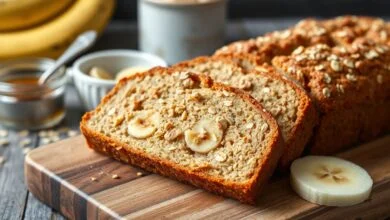 Fatias de pão de banana com aveia e iogurte, dourado por fora e fofinho por dentro, servido em uma tábua de madeira.
