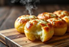 Bolinhas douradas de pão de batata com crosta de queijo gratinado, macias por dentro com fios de muçarela derretida