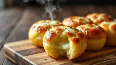 Bolinhas douradas de pão de batata com crosta de queijo gratinado, macias por dentro com fios de muçarela derretida